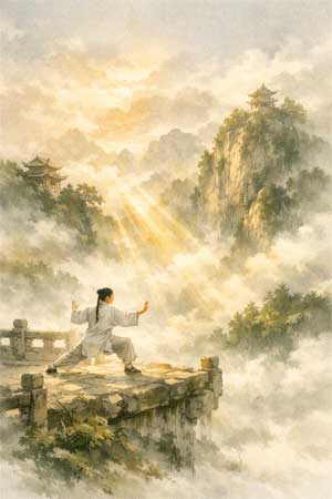 Ilustración artística de la montaña Emei envuelta en niebla, con una figura practicando artes marciales en la cima