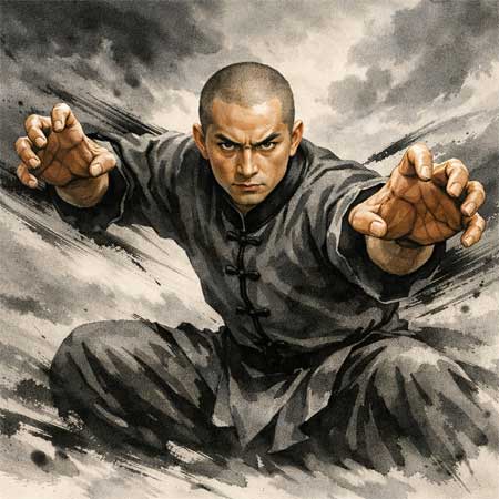 Ilustración dinámica de un maestro de Kung Fu ejecutando una técnica de garra de águila con intensidad