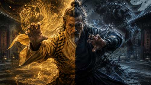 Practicante de Kung Fu en postura de Tigre, mostrando la tensión de los músculos y la intensidad de la mirada