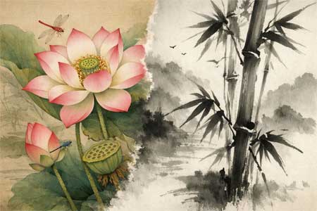 Comparación visual entre una pintura Gongbi detallada y una Xieyi expresionista