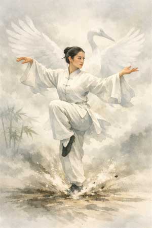 Ilustración artística de una maestra de Bai He Quan en postura de equilibrio, imitando el vuelo de una grulla