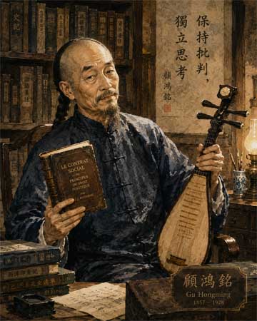 Ilustración de Gu Hongming, erudito chino con túnica azul y larga trenza, sosteniendo un libro en un entorno de biblioteca antigua