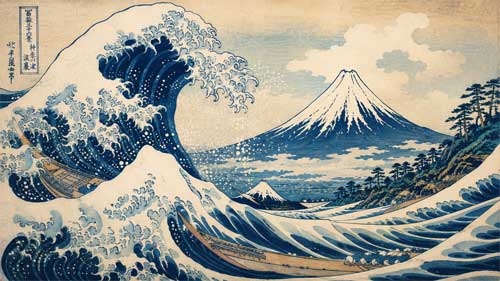 Estampa de Hokusai mostrando La Gran Ola o paisajes del Monte Fuji