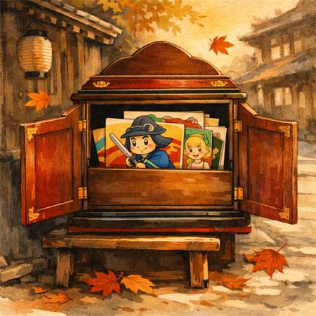 Ilustración artística de un escenario de Kamishibai de madera con láminas ilustradas de colores vivos