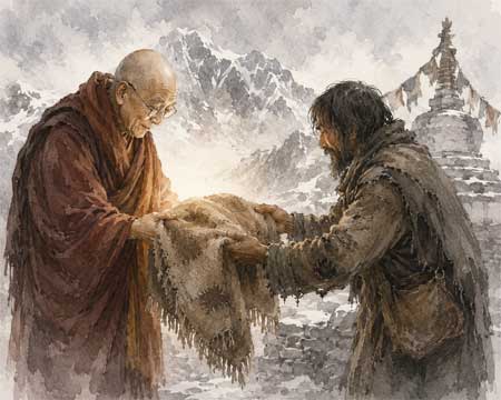 Ilustración suave de un maestro budista anciano recibiendo una manta sencilla de un mendigo, con un fondo de montañas nevadas