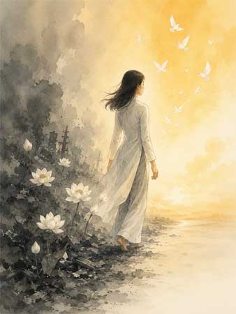 Ilustración simbólica de una figura femenina emergiendo de la oscuridad hacia la luz, representando la superación