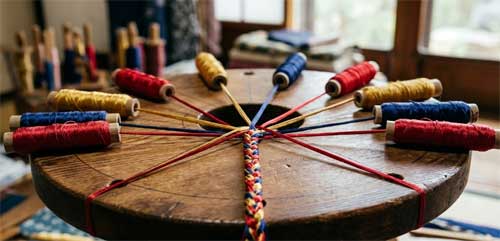 Proceso de creación de Kumihimo con hilos de seda de colores sobre un disco tradicional