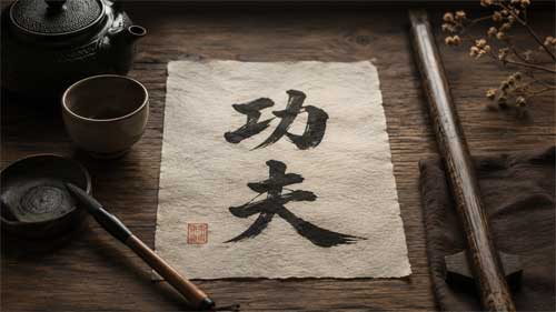 Caligrafía china de Gongfu junto a herramientas de trabajo artesanal