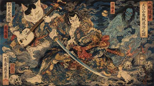 Estampa de Utagawa Kuniyoshi mostrando un guerrero o una escena surrealista