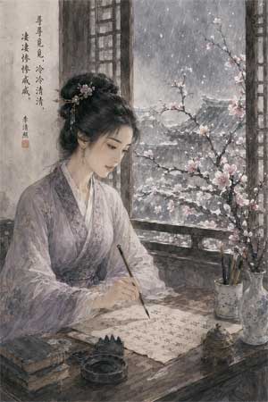 Ilustración artística de Li Qingzhao, poetisa china, sentada frente a una ventana con flores de ciruelo, escribiendo con pincel