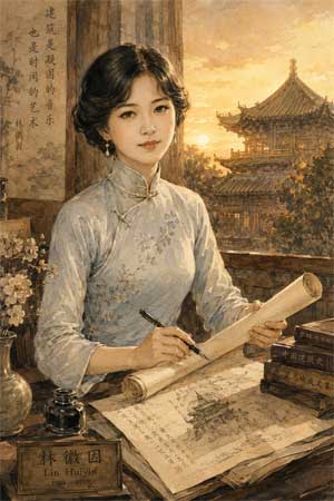 Ilustración artística de Lin Huiyin, mujer elegante china, sosteniendo planos arquitectónicos con un templo antiguo al fondo