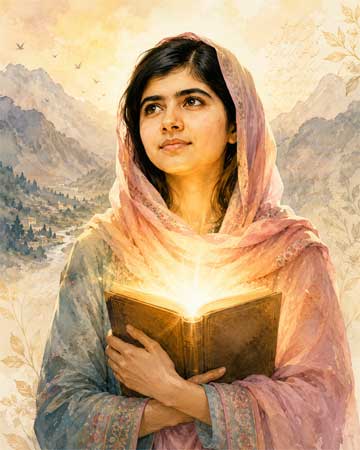 Ilustración artística de una joven estudiante con un pañuelo tradicional, sosteniendo un libro abierto del que emana luz