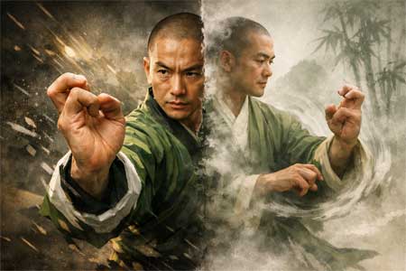 Practicante de Kung Fu en postura de Mantis, mostrando la mano en forma de gancho