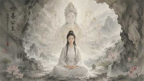 Ilustración de la Princesa Miaoshan meditando o sirviendo a su padre