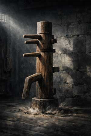 Ilustración artística de un Muñeco de Madera (Muk Yan Jong) en un espacio de entrenamiento tradicional