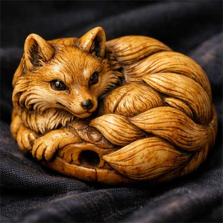 Ilustración detallada de un netsuke tradicional japonés tallado en madera o marfil, representando una figura animal o mitológica