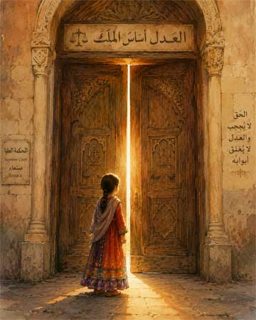 Ilustración simbólica de una niña pequeña de pie frente a una gran puerta antigua, con una luz esperanzadora filtrándose