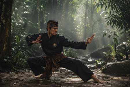 Practicante de Pencak Silat en postura baja y elegante, evocando movimiento fluido