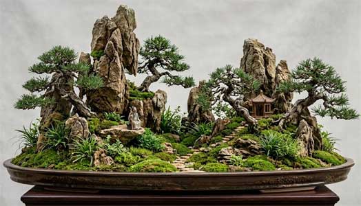 Composición de Penjing chino con árboles antiguos y formaciones rocosas en una bandeja ovalada