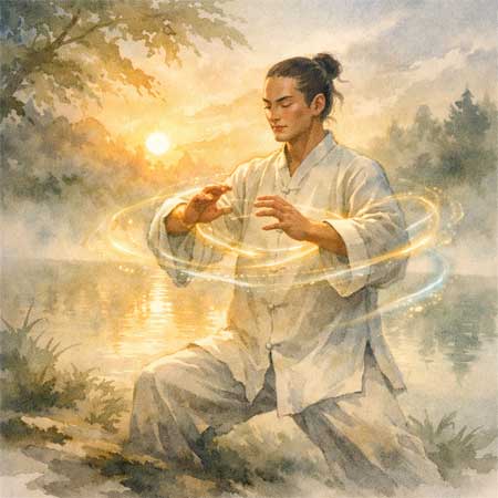 Ilustración artística de una persona practicando Qigong en un bosque neblinoso al amanecer