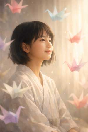 Representación artística y serena de Sadako Sasaki con grullas de papel flotando a su alrededor