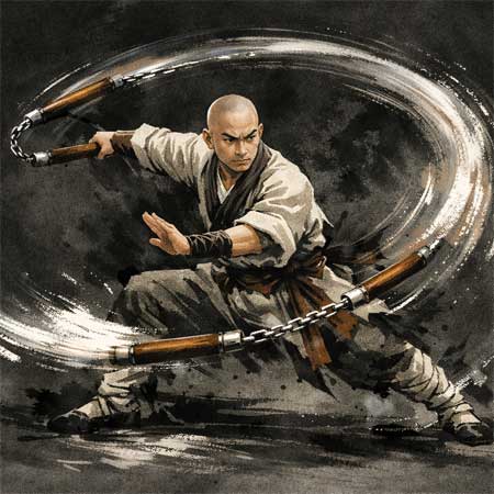 Ilustración dinámica de un practicante de artes marciales chinas manejando el San Jie Gun con fluidez