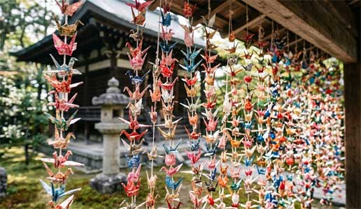 Cadenas tradicionales de Senbazuru con cientos de grullas de colores colgando verticalmente