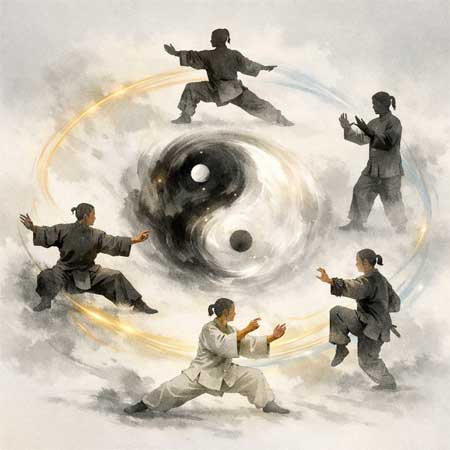 Ilustración artística del símbolo Yin-Yang integrado con movimientos fluidos de Tai Chi