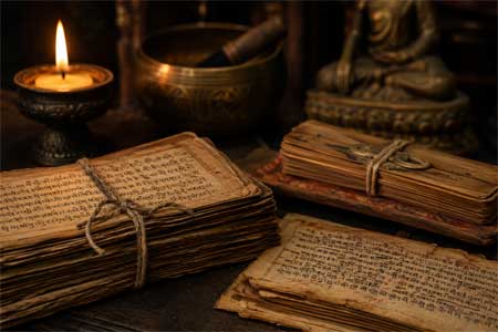 Antiguos manuscritos budistas sobre hojas de palmera o papel arroz