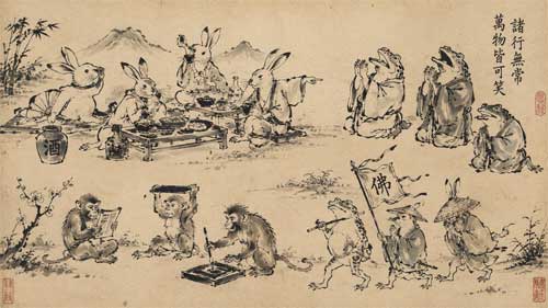 Ilustración de ranas y conejos luchando o imitando rituales budistas, estilo Toba Sōjō