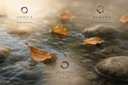 Representación simbólica de la impermanencia y el flujo de la vida, hojas en el agua