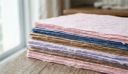 Hojas de papel washi japonés en tonos suaves y naturales apiladas artesanalmente