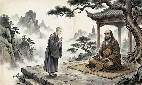 Ilustración artística de la monja Zongchi frente a Bodhidharma