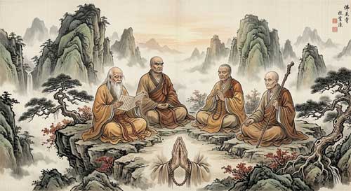 Representación artística de los 16 Arhats en meditación en la montaña