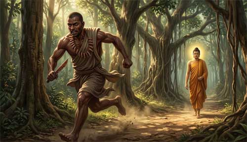 Ilustración del encuentro entre Angulimala, el bandido, y el Buda Gautama en el bosque