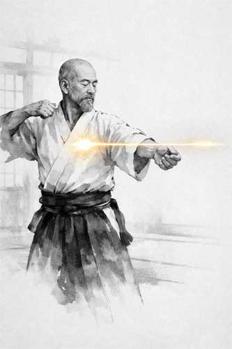 Representación artística del maestro Awa Kenzō disparando sin arco físico