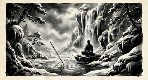 Maestro zen meditando bajo una cascada helada