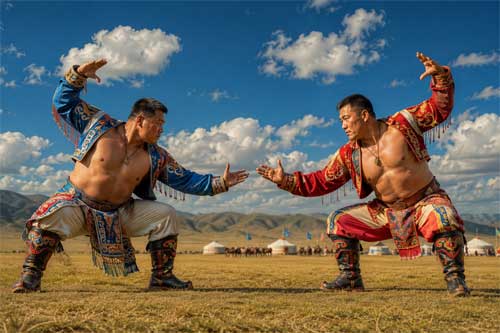 Luchadores de Bokh realizando la danza del águila