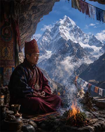 Monje de la tradición Bön en meditación en las montañas del Tíbet