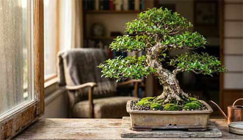 Un bonsai de interior, probablemente un Ficus, situado cerca de una ventana con luz natural filtrada