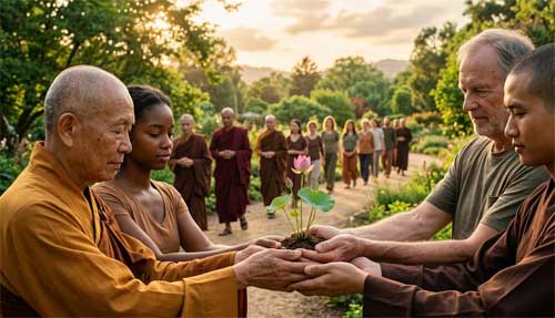 Monjes y laicos practicando la marcha consciente en la naturaleza