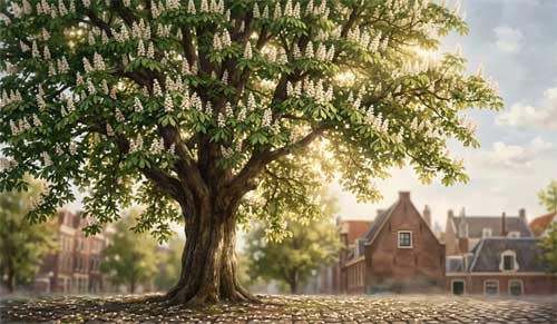 Un antiguo castaño blanco con ramas extendidas, simbolizando el árbol visto por Anne Frank desde su ventana