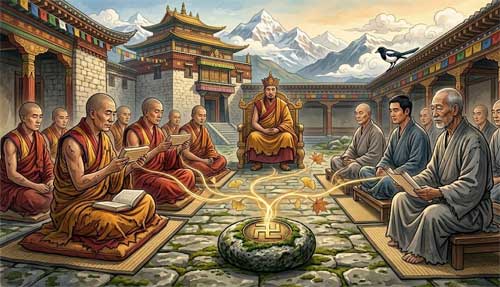 Representación del Concilio de Lhasa entre maestros Chan y budismo indio