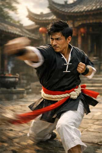 Practicante de Choy Li Fut realizando un movimiento circular amplio y potente