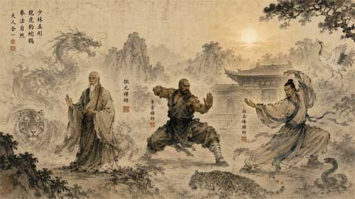 Monjes Shaolin practicando kung fu tradicional en el templo