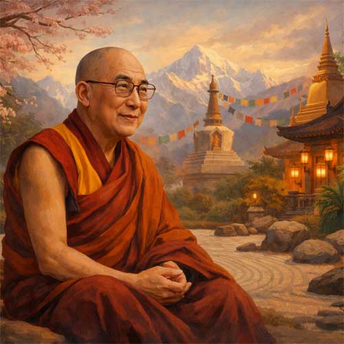 Retrato sereno del Dalai Lama con túnicas color azafrán y fondo suave inspirado en monasterios tibetanos