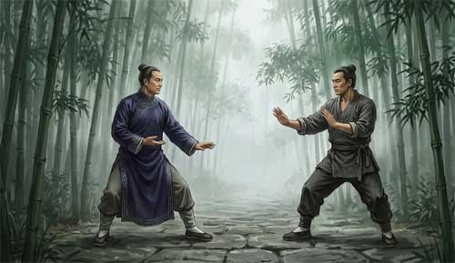 Dos practicantes de Kung Fu tradicional enfrentados en actitud de respeto mutuo