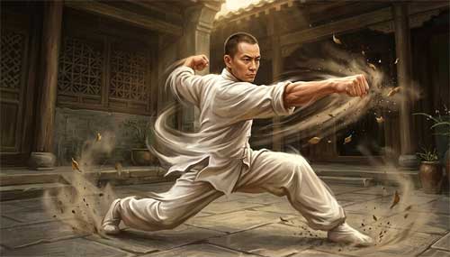 Practicante de Tai Chi Chen ejecutando una técnica de Fajing con expresión de foco intenso
