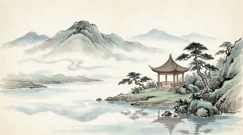 Paisaje equilibrado de Feng Shui con montaña y agua