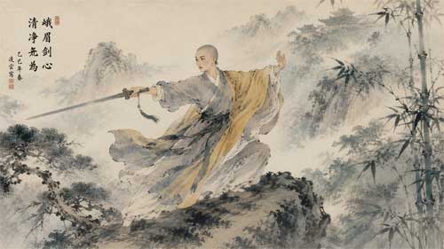 Monja guerrera de Emei practicando con espada recta en la montaña